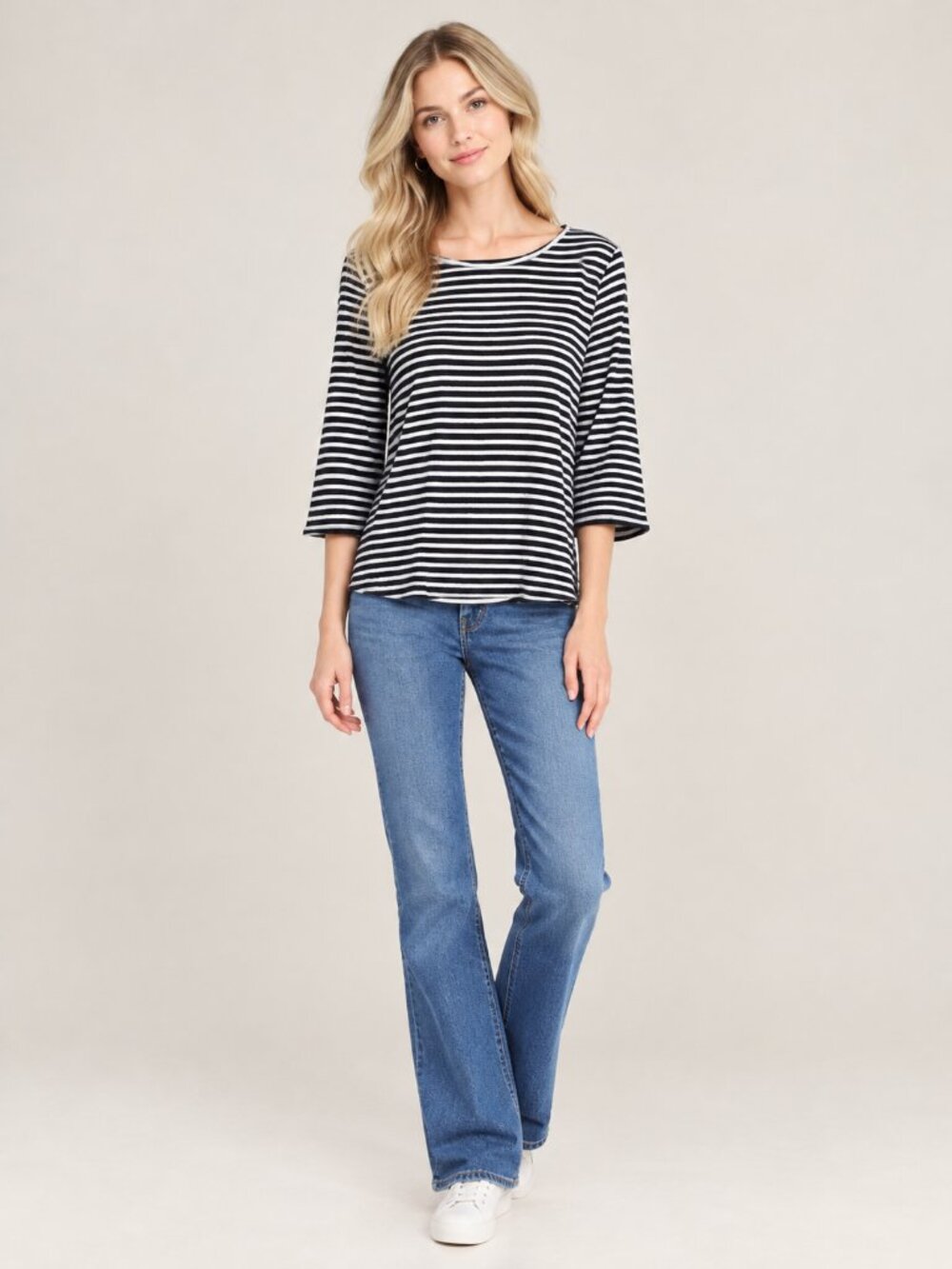 2/$30 Chico's Striped Bateau Neck Three-Quarter Sleeve Top Black White 12 #A5148